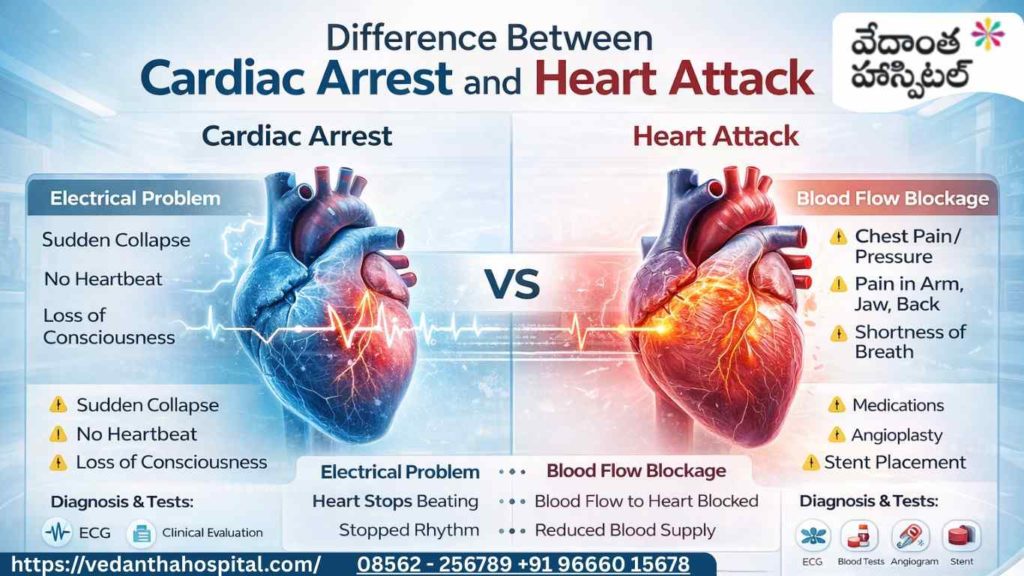 difference between cardiac arrest and heart attack - Best Cardiology Hospital in Kadapa - vedanta hospitals in kadapa